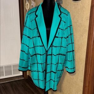 2X knit Ming Wang Teal Grid Pattern Open Blazer with Black Trim